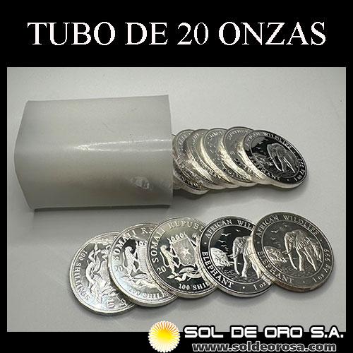 REPUBLICA DE SOMALIA - 100 SHILLING, 2010 - AFRICAN WILDLIFE - TUBO DE 20 ONZAS DE PLATA