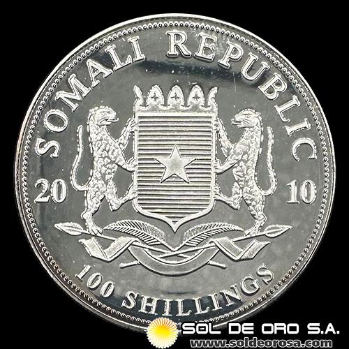 REPUBLICA DE SOMALIA - 100 SHILLING, 2010 - AFRICAN WILDLIFE - TUBO DE 20 ONZAS DE PLATA