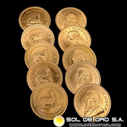 SUDAFRICA - 1/10 oz., KRUGERRAND - 2022 - LOTE DE 10 MONEDAS DE ORO