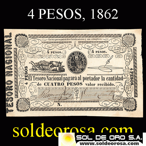 NUMIS - BILLETE DEL PARAGUAY - 1862 - CUATRO PESOS (MC 24.a) - FIRMAS: RAMON MAZO - VICENTE CORVALAN - TESORO NACIONAL