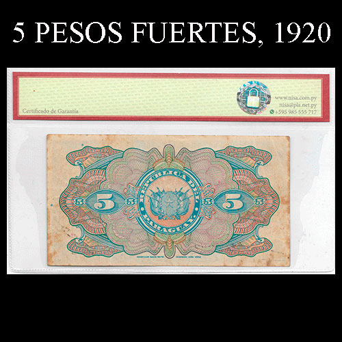 NUMIS - BILLETES DEL PARAGUAY - 1920 - CINCO PESOS FUERTES (MC175.b) - FIRMAS: MARIANO MORESCHI - LUIS RIART - OFICINA DE CAMBIOS