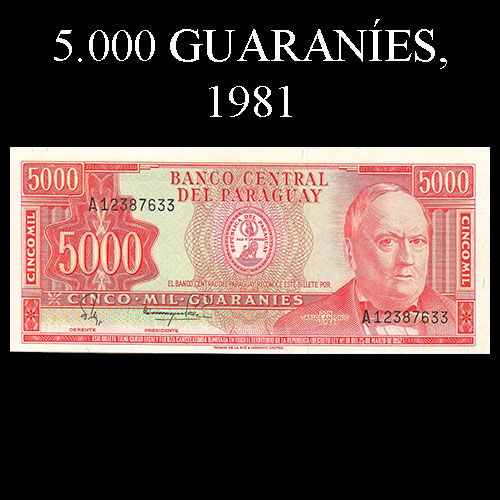 NUMIS - BILLETES DEL PARAGUAY - 1981 - CINCO MIL GUARANIES (MC221.d) - FIRMAS: RUBEN FALCON SILVA - JOSE ENRIQUE PAEZ - BANCO CENTRAL DEL PARAGUAY