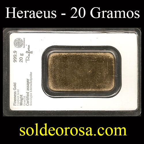 ALEMANIA - HERAEUS - 20 GRAMOS - BARRA DE ORO 24K - 999