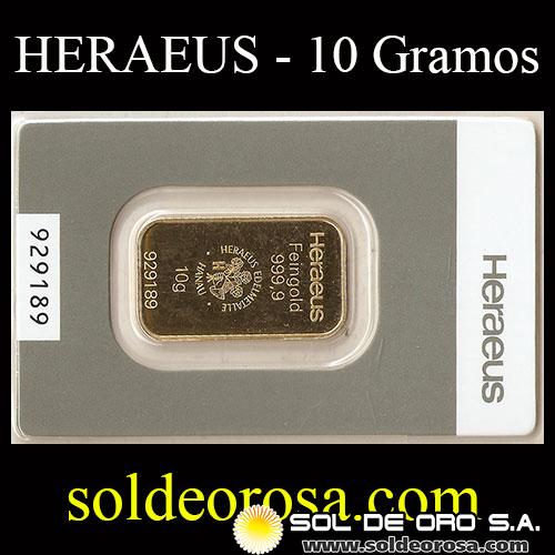 ALEMANIA - HERAEUS - 10 GRAMOS - BARRA DE ORO 24K - 999