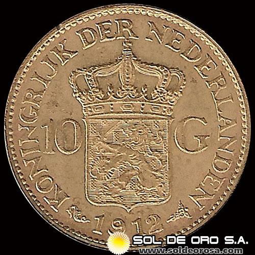 HOLANDA - 10 GULDEN, GUILLERMINA, 1912 - MONEDA DE ORO