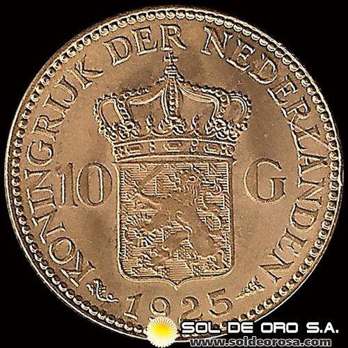 HOLANDA - 10 GULDEN, GUILLERMINA - 1925 - MONEDA DE ORO