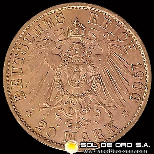 ALEMANIA - 20 MARCOS - WILHELM II DEUTSCHER KAISER KONIG V. PREUSSEN - 1906 - MONEDA DE ORO