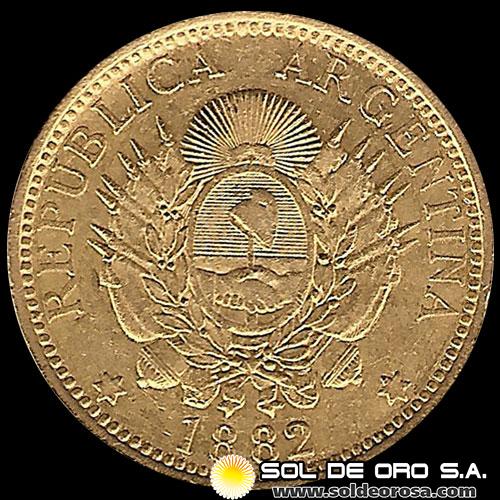 REPUBLICA ARGENTINA - CINCO PESOS - UN ARGENTINO, 1882 - MONEDA DE ORO