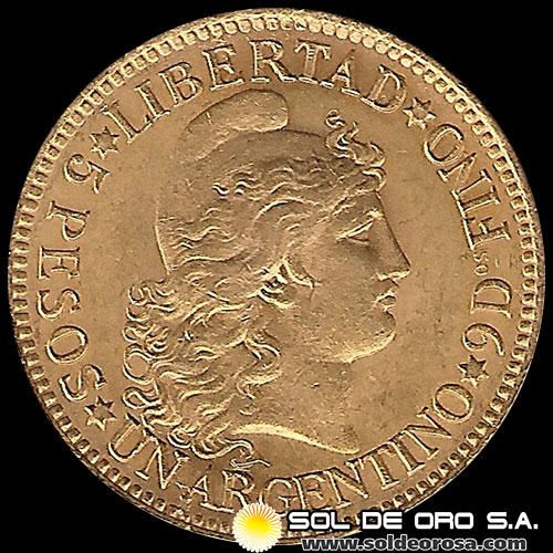 REPUBLICA ARGENTINA - CINCO PESOS - UN ARGENTINO, 1887 - MONEDA DE ORO