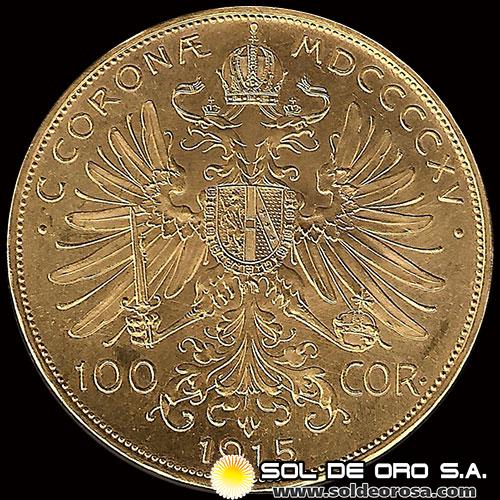 AUSTRIA - 100 CORONAS, 1915 - MONEDA DE ORO