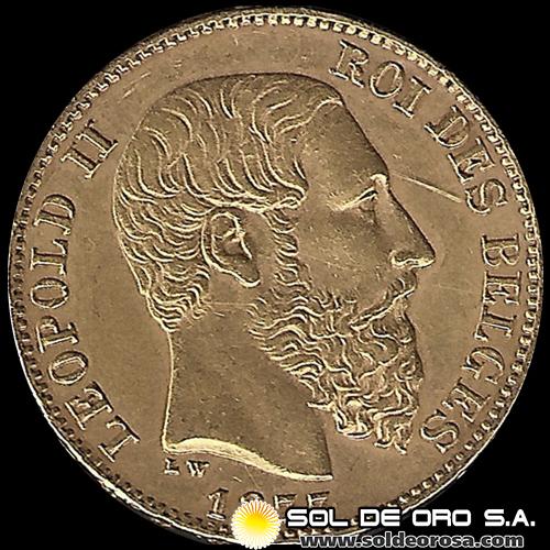 BELGICA - LEOPOLD II ROI DES BELGES - 20 FRANCOS, 1877 - MONEDA DE ORO