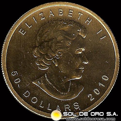 CANADA - HOJA DE MAPPLE 1 oz., 50 DOLLARS, 2010 - MONEDA / ONZA DE ORO 999 - 24 KILATES