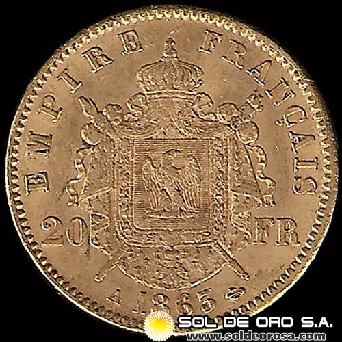 FRANCIA - EMPIRE FRANCAIS - 20 FRANCOS, NAPOLEON III - 1865 - MONEDA DE ORO