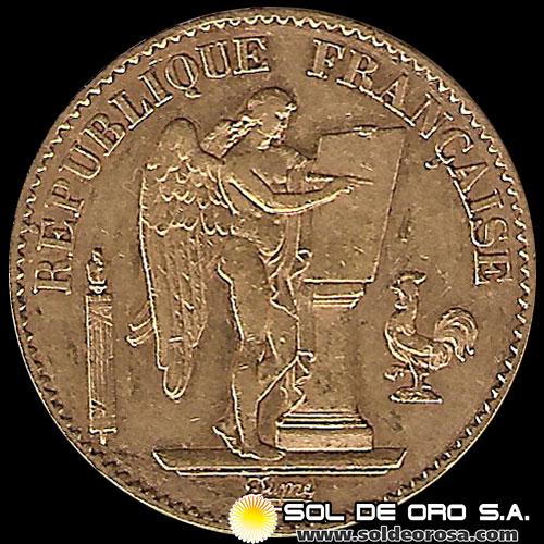 FRANCIA - REPUBLIQUE FRANCAISE - 20 FRANCOS, TIPO ANGEL ESCRIBIENDO, 1877 - MONEDA DE ORO