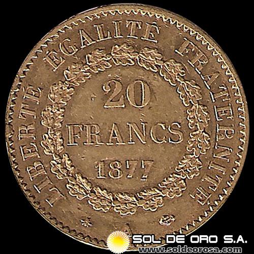 FRANCIA - REPUBLIQUE FRANCAISE - 20 FRANCOS, TIPO ANGEL ESCRIBIENDO, 1877 - MONEDA DE ORO