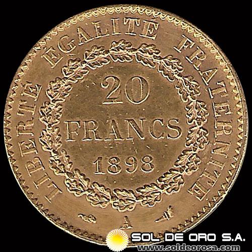 FRANCIA - REPUBLIQUE FRANCAISE - 20 FRANCOS, TIPO ANGEL ESCRIBIENDO, 1898 - MONEDA DE ORO