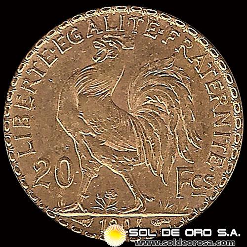 FRANCIA - REPUBLIQUE FRANCAISE - 20 FRANCOS, TIPO ROOSTER - 1904 - MONEDA DE ORO 