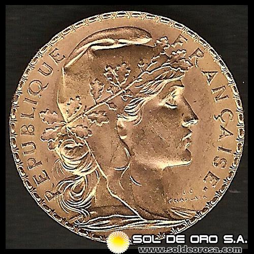 FRANCIA - REPUBLIQUE FRANCAISE - 20 FRANCOS, TIPO ROOSTER, 1912 - MONEDA DE ORO