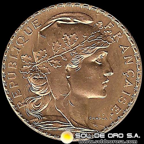 FRANCIA - REPUBLIQUE FRANCAISE - 20 FRANCOS, TIPO ROOSTER, 1913 - MONEDA DE ORO