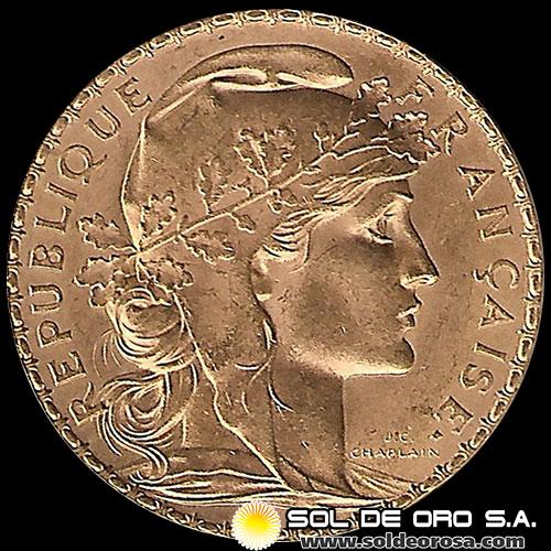 FRANCIA - REPUBLIQUE FRANCAISE - 20 FRANCOS, TIPO ROOSTER - 1914 - MONEDA DE ORO