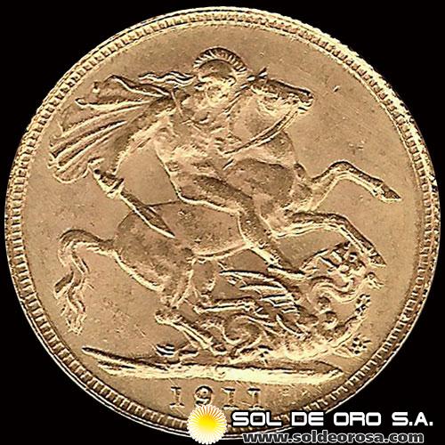 INGLATERRA - SOVEREIGN (GEORGE V), LIBRA INGLESA, 1911 - MONEDA DE ORO