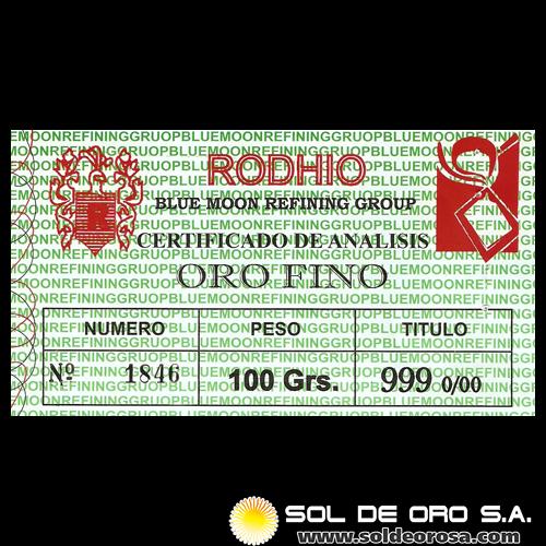 RODHIO - 100 GRAMOS - BARRA DE ORO 24K (999) 