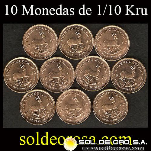 SUDAFRICA - 1/10 oz., KRUGERRAND - LOTE DE 10 MONEDAS - DIFFERENT YEARS - MONEDA DE ORO