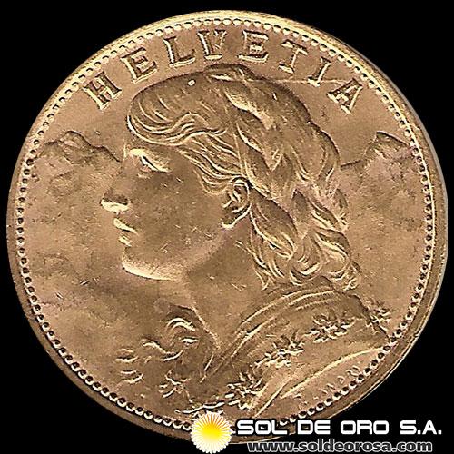 SUIZA - 20 FRANCOS, VRENELLI, 1922 - MONEDA DE ORO