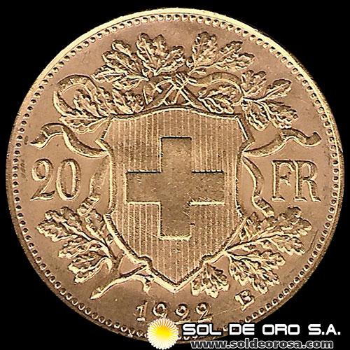 SUIZA - 20 FRANCOS, VRENELLI, 1922 - MONEDA DE ORO