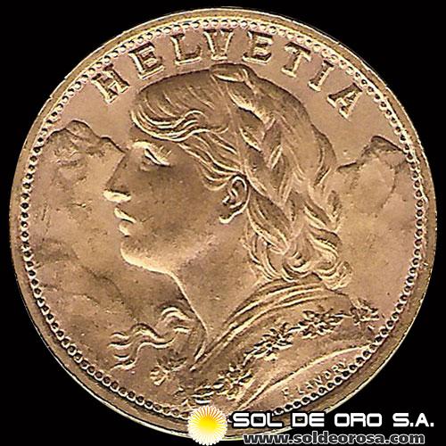 SUIZA - 20 FRANCOS, VRENELLI - 1935 - MONEDA DE ORO