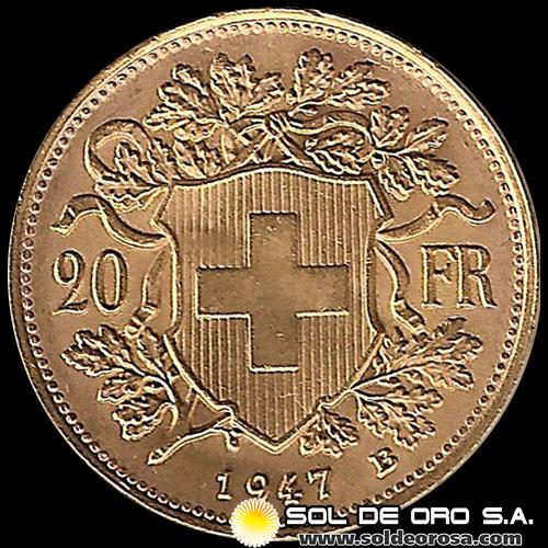 SUIZA - 20 FRANCOS, VRENELLI - 1947 - MONEDA DE ORO