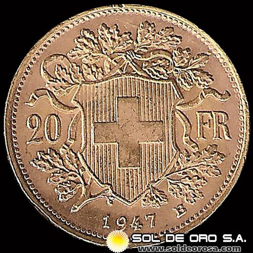 SUIZA - 20 FRANCOS, VRENELLI - 1947 - MONEDA DE ORO