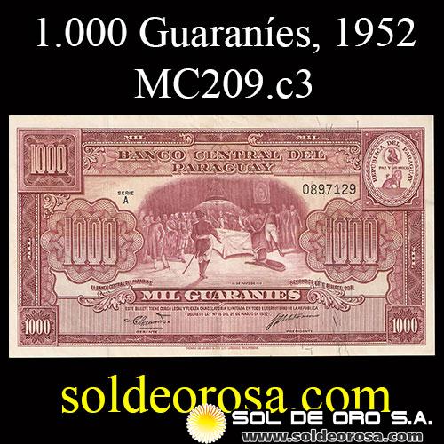 	NUMIS - BILLETES DEL PARAGUAY - 1952 - MIL GUARANIES (MC 209.c3) - FIRMAS: PEDRO CHAMORRO - GUSTAVO STORM - BANCO CENTRAL DEL PARAGUAY