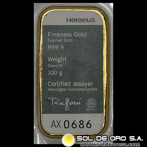 HERAEUS - 100 GRAMOS - FEINGOLD - BARRA DE ORO 24K