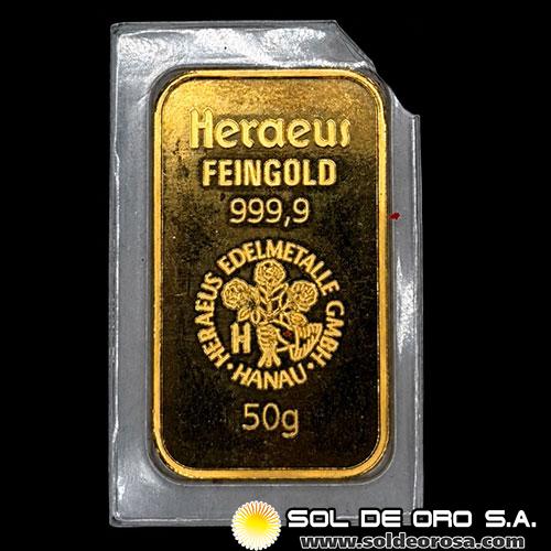HERAEUS - 50 GRAMOS - FEINGOLD - BARRA DE ORO 24K
