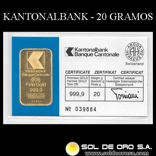 KANTONALBANK - 20 GRAMOS - FEINGOLD - BARRA DE ORO 24K