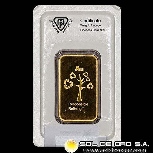 METALOR - RESPONSIBLE REFINING - 1 OUNCE - BARRA DE ORO 24K