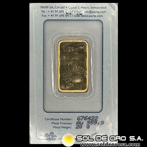 PAMP - SWISS MADE - 20 GRAMOS - BARA DE ORO 24K