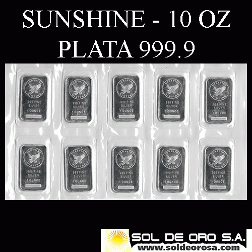 SUNSHINE MINTING - 10 ONZAS - 311 GRAMOS - BARRAS DE PLATA 999.9