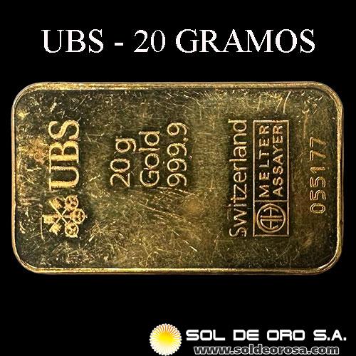 UBS - UNION BANK OF SWITZERLAND - 20 GRAMOS - BARRA DE ORO 999