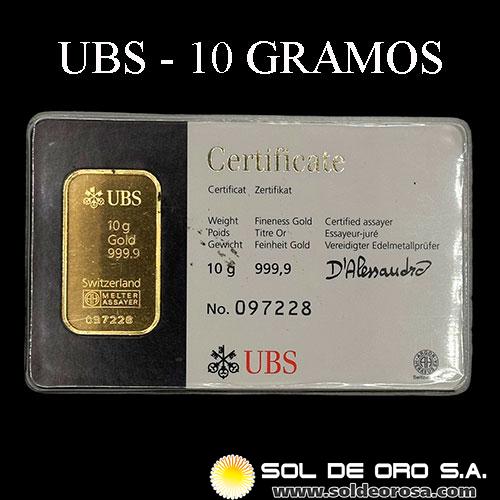 UBS - UNION BANK OF SWITZERLAND - 10 GRAMOS - BARRA DE ORO 999