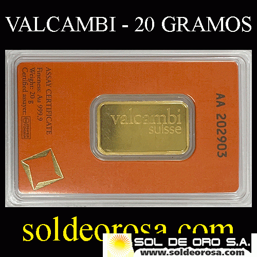 VALCAMBI SA - FINE GOLD 999 - 20 GRAMOS - BARRA DE ORO 24K