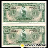 NUMIS - BILLETES DEL PARAGUAY - 1952 - UN GUARANI (MC203.f) - FIRMAS: OSCAR STARK RIVAROLA - CESAR ROMEO ACOSTA - BILLETES CORRELATIVOS - BANCO CENTRAL DEL PARAGUAY