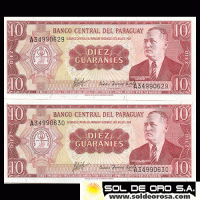 NUMIS - BILLETES DEL PARAGUAY - 1963 - DIEZ GUARANIES (MC212.b3) - FIRMAS: AUGUSTO COLMAN VILLAMAYOR - CESAR ROMEO ACOSTA - NUMEROS CORRELATIVOS - BANCO CENTRAL DEL PARAGUAY