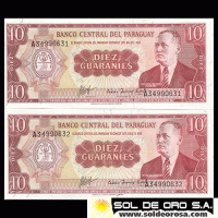 NUMIS - BILLETES DEL PARAGUAY - 1963 - DIEZ GUARANIES (MC212.b3) - FIRMAS: AUGUSTO COLMAN VILLAMAYOR - CESAR ROMEO ACOSTA - NUMEROS CORRELATIVOS - BANCO CENTRAL DEL PARAGUAY