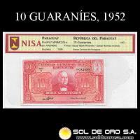NUMIS - BILLETES DEL PARAGUAY - 1952 - DIEZ GUARANIES (MC205.e) - FIRMAS: OSCAR STARK RIVAROLA - CESAR ROMEO ACOSTA - BANCO CENTRAL DEL PARAGUAY