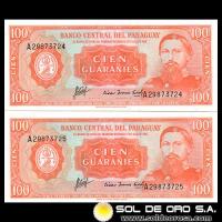 NUMIS - BILLETES DEL PARAGUAY - 1963 - CIEN GUARANIES (MC214.c3) - FIRMAS: OSCAR STARK RIVAROLA - CESAR ROMEO ACOSTA - NUMEROS CORRELATIVOS - BANCO CENTRAL DEL PARAGUAY