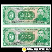 NUMIS - BILLETES DEL PARAGUAY - 1963 - CIEN GUARANIES (MC214.b) - FIRMAS: OSCAR STARK RIVAROLA - CESAR ROMEO ACOSTA - BILLETES CORRELATIVOS - BANCO CENTRAL DEL PARAGUAY