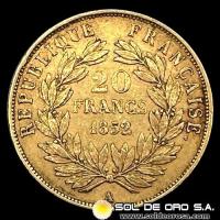 FRANCIA - EMPIRE FRANCAIS - NAPOLEON III - 20 FRANCOS, 1852 - MONEDA DE ORO