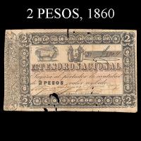NUMIS - BILLETE DEL PARAGUAY - 1860 - DOS PESOS (MC 20) - FIRMAS: MIGUEL BERGES - AGUSTIN TRIGO - TESORO NACIONAL
